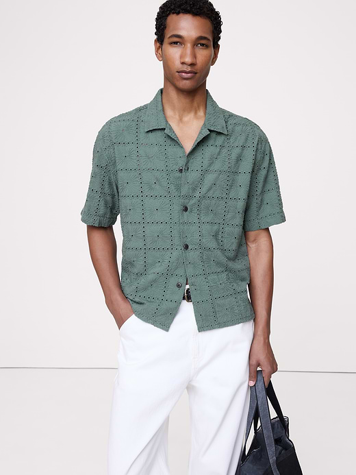 Banana Republic Relaxed-Fit Embroidered Cotton Eyelet Resort Shirt — photo 1