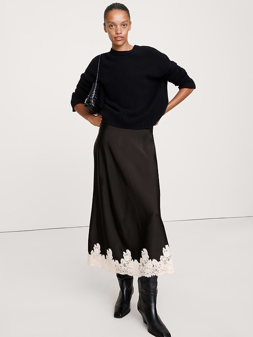 Banana Republic Stretch-Satin Lace-Hem Midi Skirt — photo 1