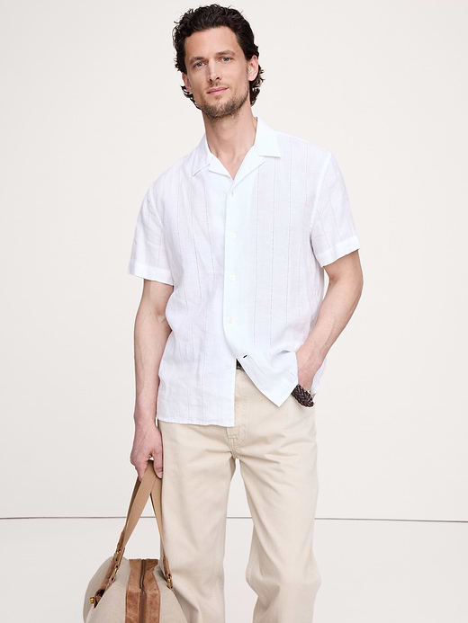 Banana Republic Standard-Fit Linen-Cotton Eyelet Stripe Resort Shirt — photo 1