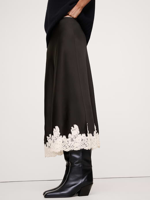 Banana Republic Stretch-Satin Lace-Hem Midi Skirt — photo 4