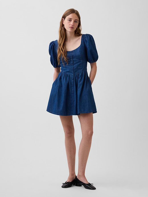 Gap Denim Puff-Sleeve Sweetheart Mini Dress — photo 1