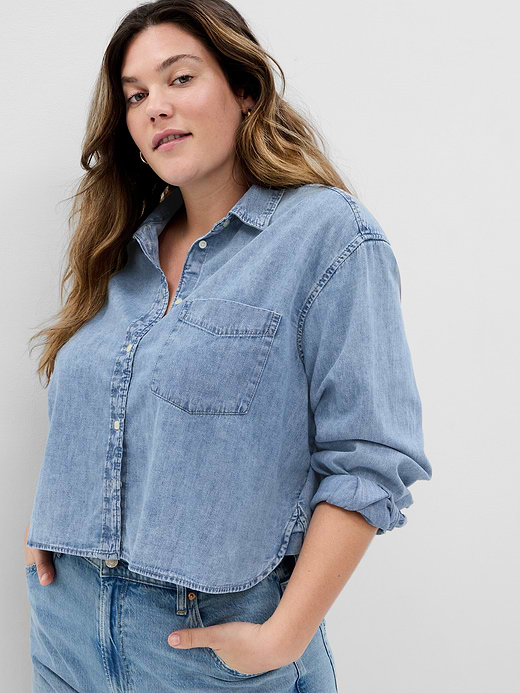 Gap UltraSoft Denim Oversized Straight-Hem Crop Shirt — photo 5