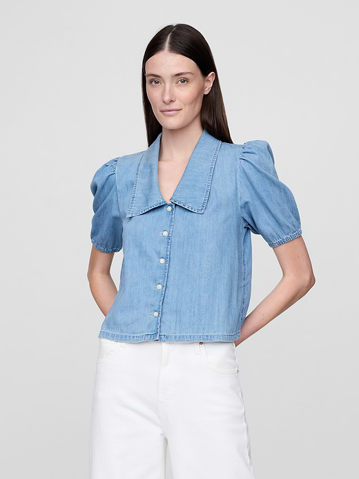 Gap Denim Puff-Sleeve Collared Shirt — photo 1