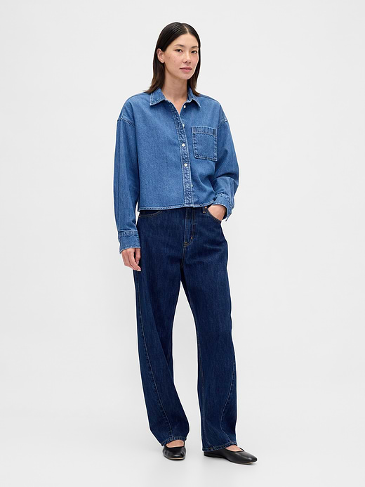 Gap UltraSoft Denim Oversized Straight-Hem Crop Shirt — photo 3