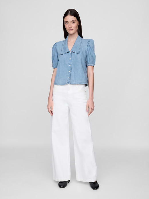 Gap Denim Puff-Sleeve Collared Shirt — photo 3
