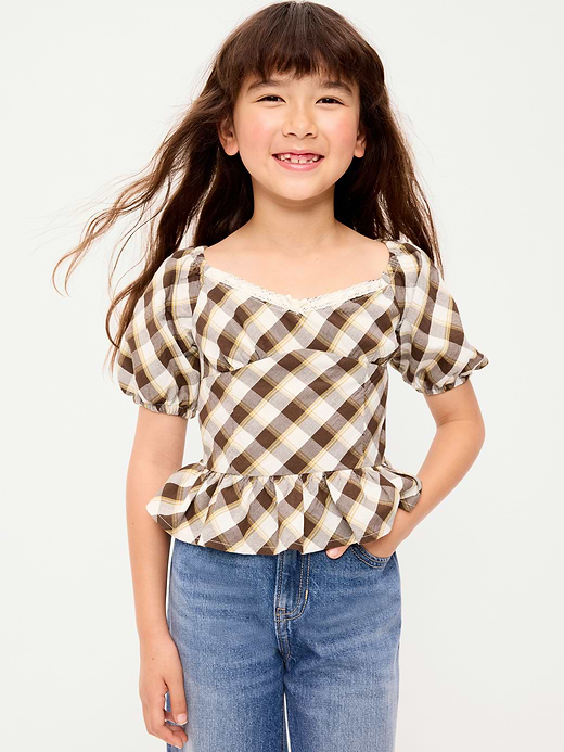 Old Navy Fitted Short Puff-Sleeve Crinkled Plaid Top for Girls — photo 1