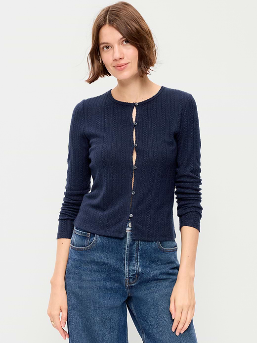 Old Navy Long-Sleeve Button-Front Cutout Pointelle Top — photo 1