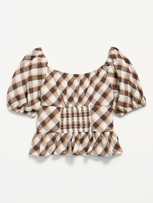 Old Navy Fitted Short Puff-Sleeve Crinkled Plaid Top for Girls — photo 4