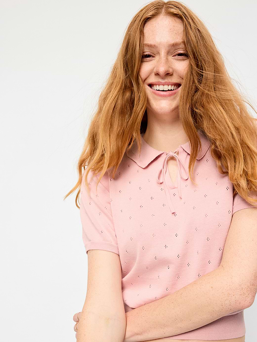 Old Navy Tie-Front Seaside Cotton Pointelle Cropped Polo — photo 4