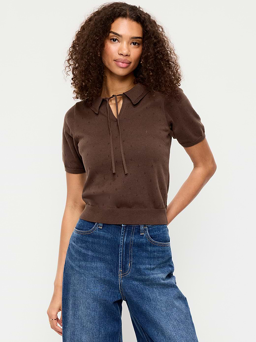 Old Navy Tie-Front Seaside Cotton Pointelle Cropped Polo — photo 1