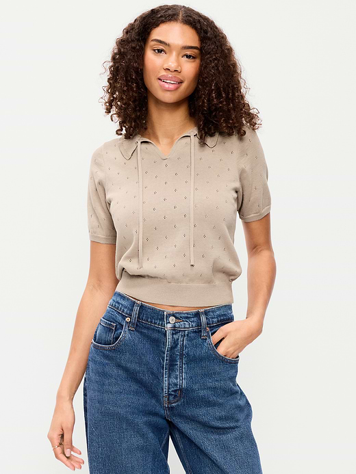 Old Navy Tie-Front Seaside Cotton Pointelle Cropped Polo — photo 4
