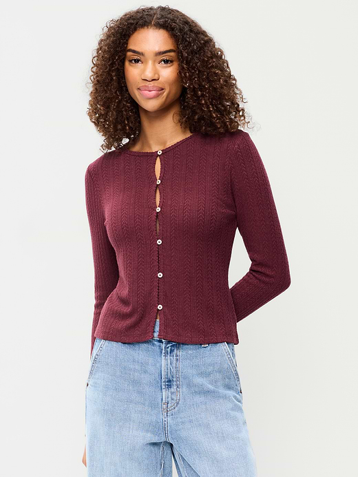 Old Navy Long-Sleeve Button-Front Cutout Pointelle Top — photo 1
