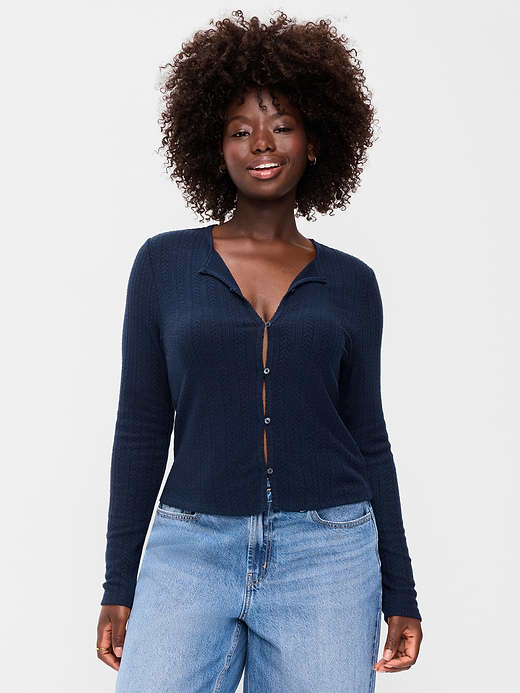 Old Navy Long-Sleeve Button-Front Cutout Pointelle Top — photo 6