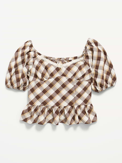 Old Navy Fitted Short Puff-Sleeve Crinkled Plaid Top for Girls — photo 3