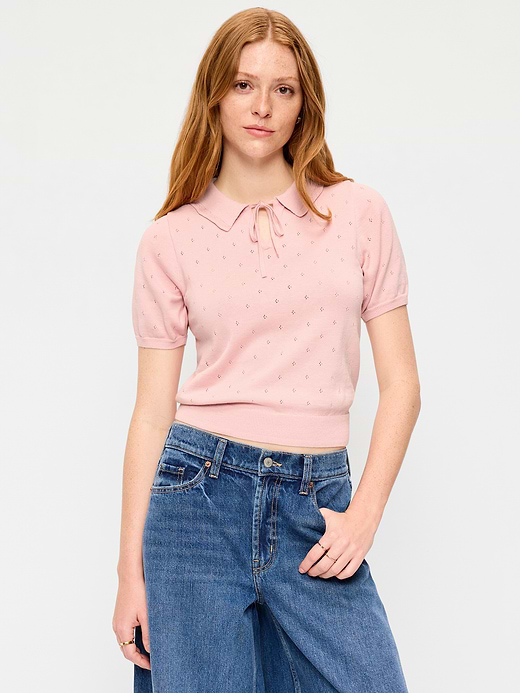 Old Navy Tie-Front Seaside Cotton Pointelle Cropped Polo — photo 1