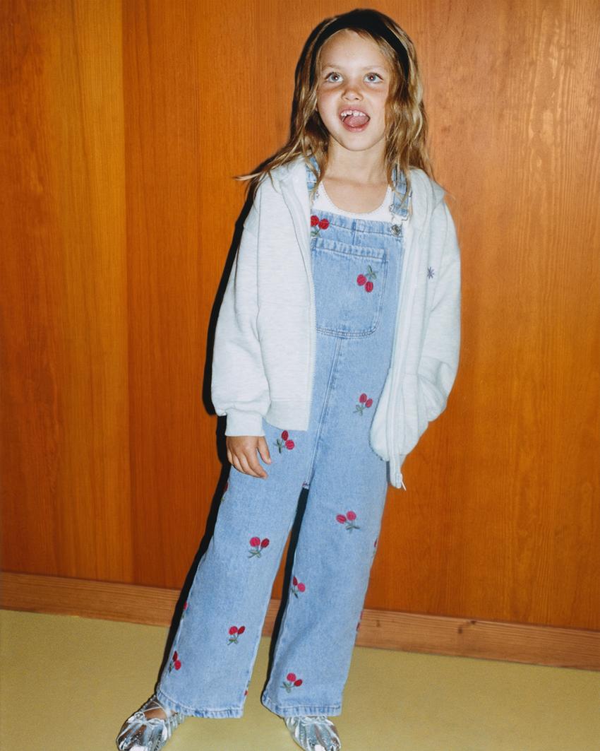 ZARA EMBROIDERED CHERRY DENIM OVERALLS — photo 2