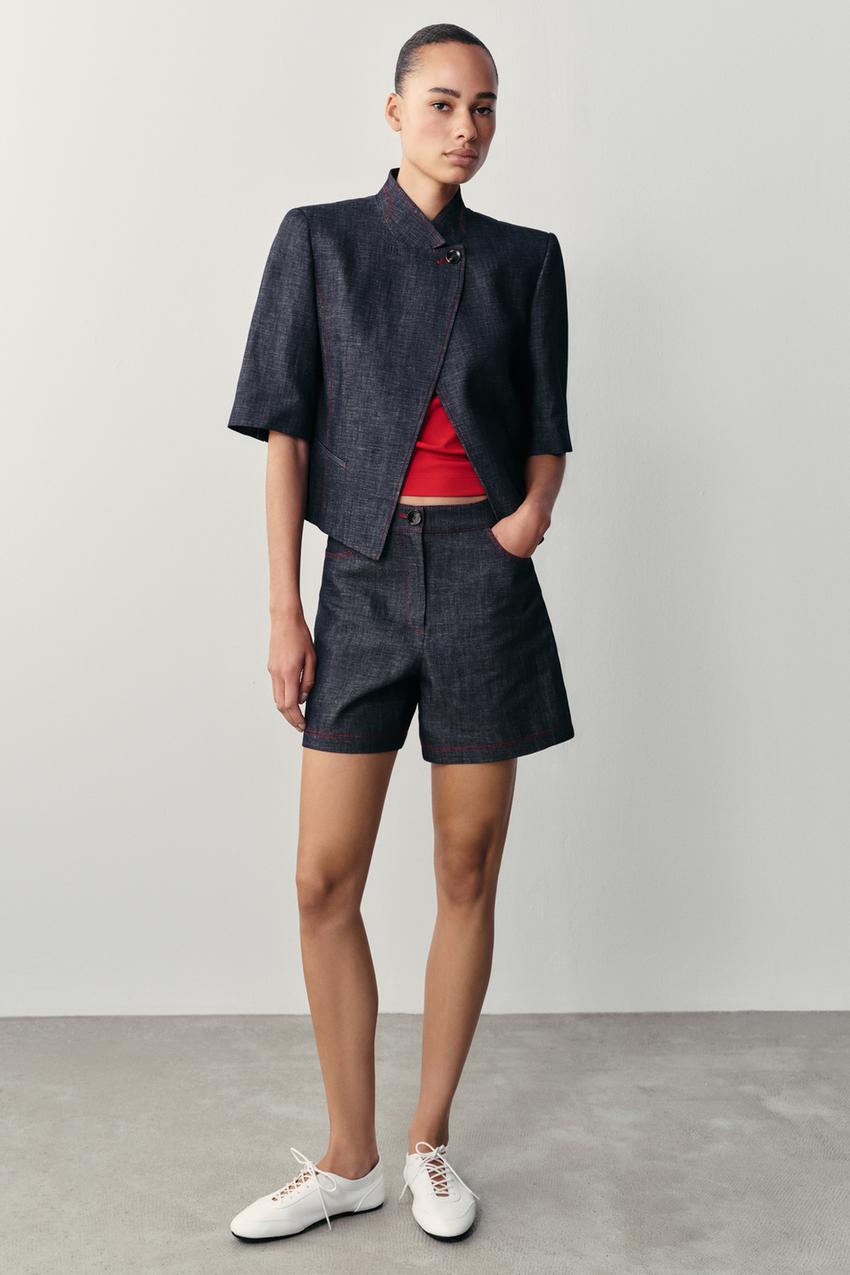 ZARA CONTRAST TOPSTITCHING LINEN SHORTS — photo 2