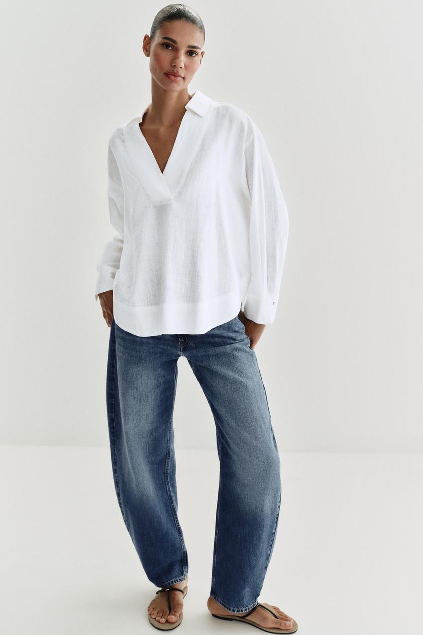 ZARA LINEN BLEND POLO COLLAR BLOUSE — photo 2