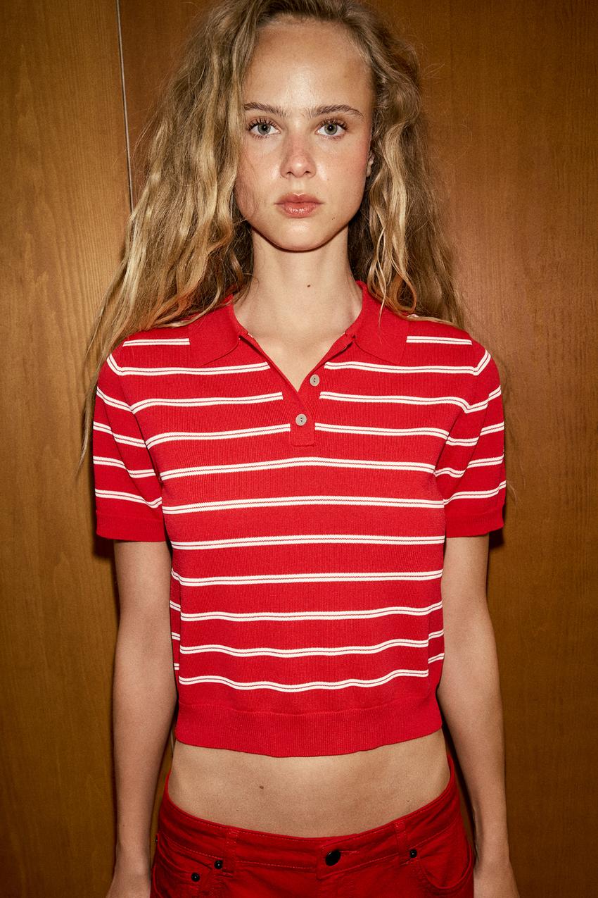 ZARA STRIPED SHORT SLEEVE KNIT POLO TOP — photo 1