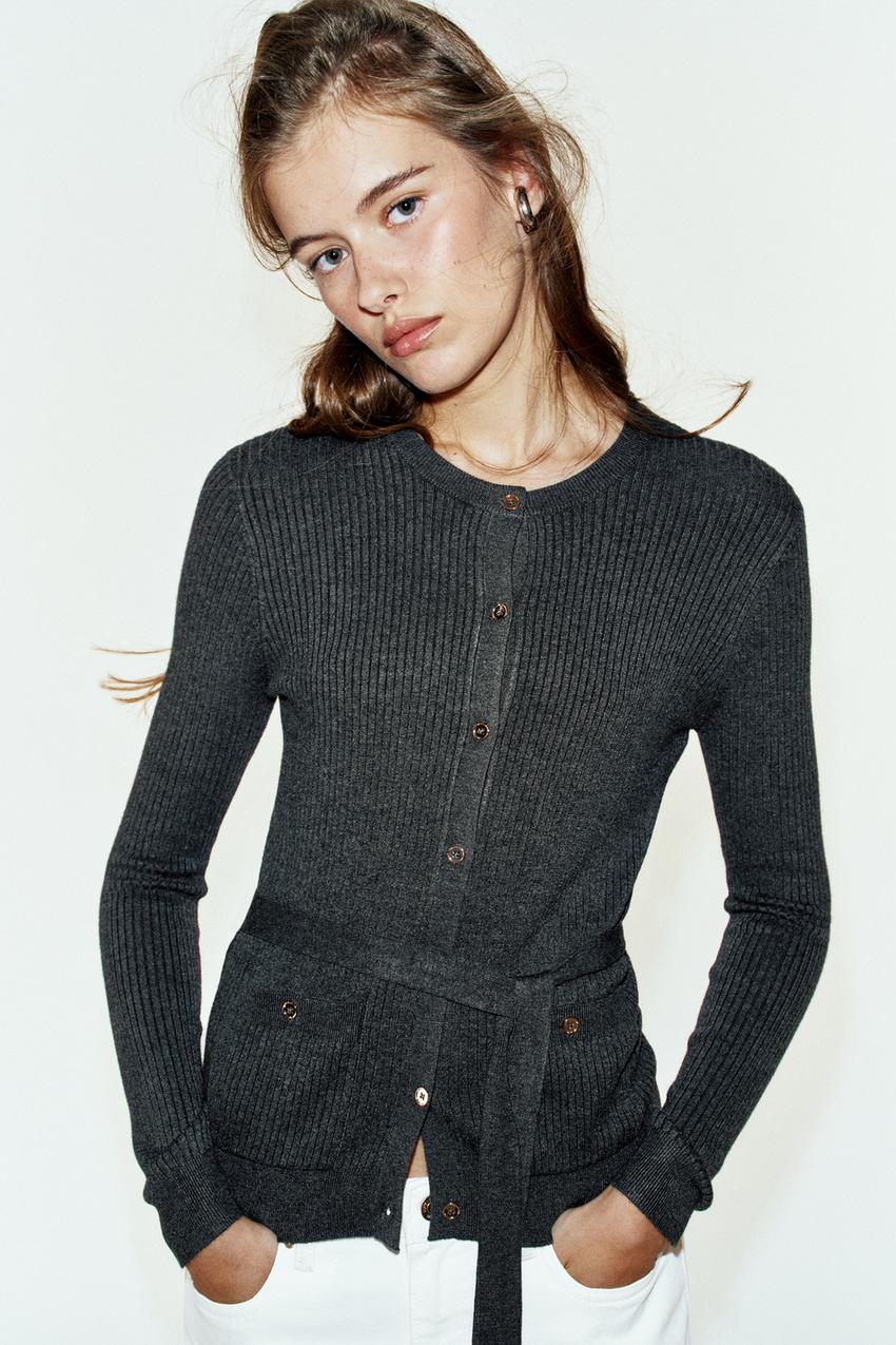 ZARA RIBBED CARDIGAN WITH BELT — photo 1