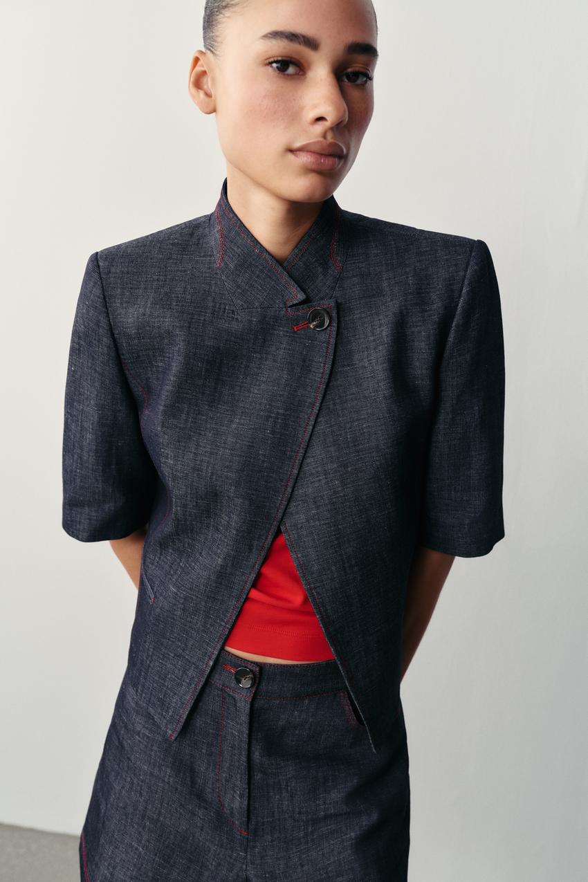 ZARA CONTRAST TOPSTITCHING LINEN SHORTS — photo 1
