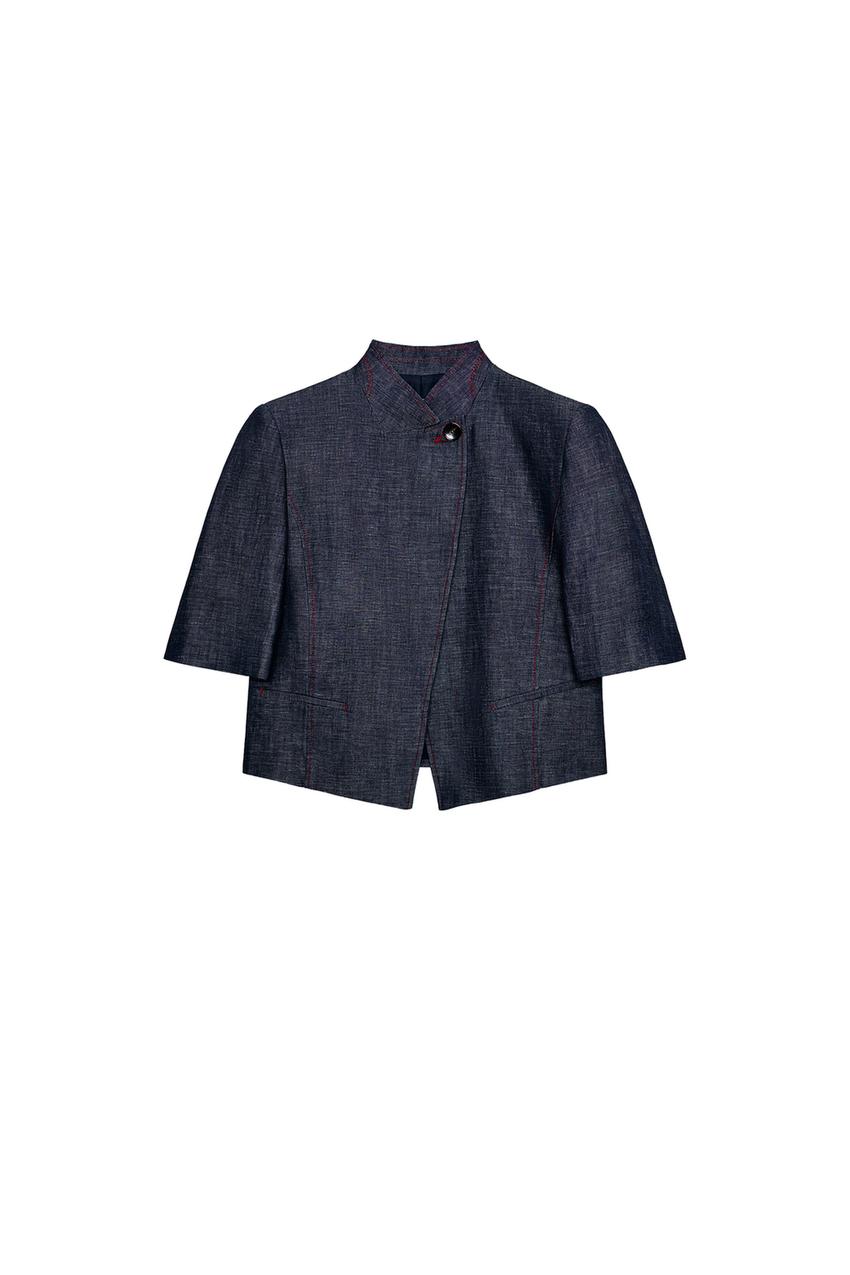 ZARA LINEN SHORT SLEEVE BLAZER WITH CONTRAST TOPSTITCHING — photo 3