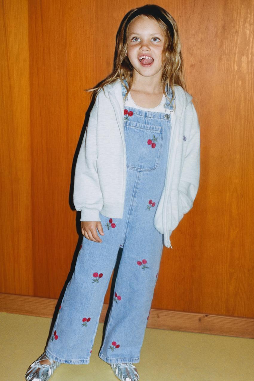 ZARA EMBROIDERED CHERRY DENIM OVERALLS — photo 1