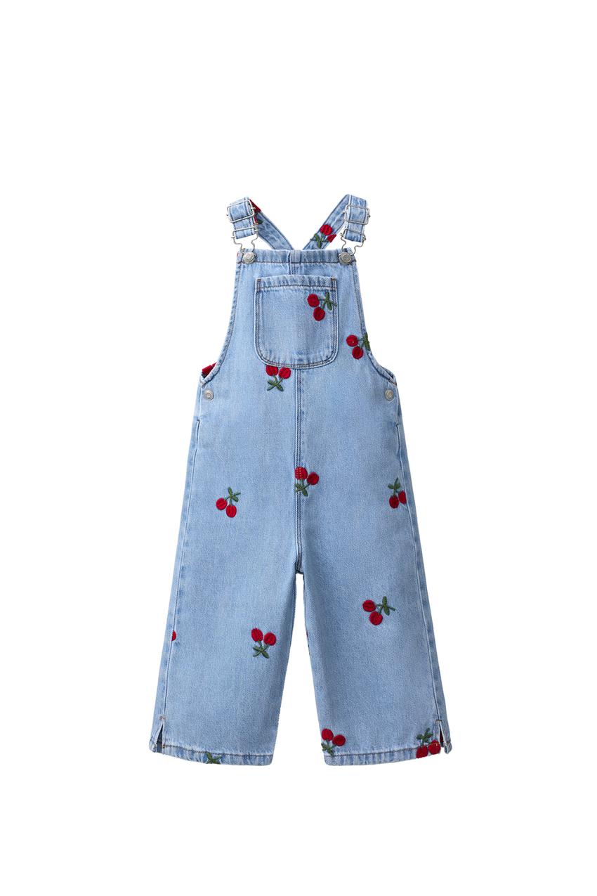 ZARA EMBROIDERED CHERRY DENIM OVERALLS — photo 3