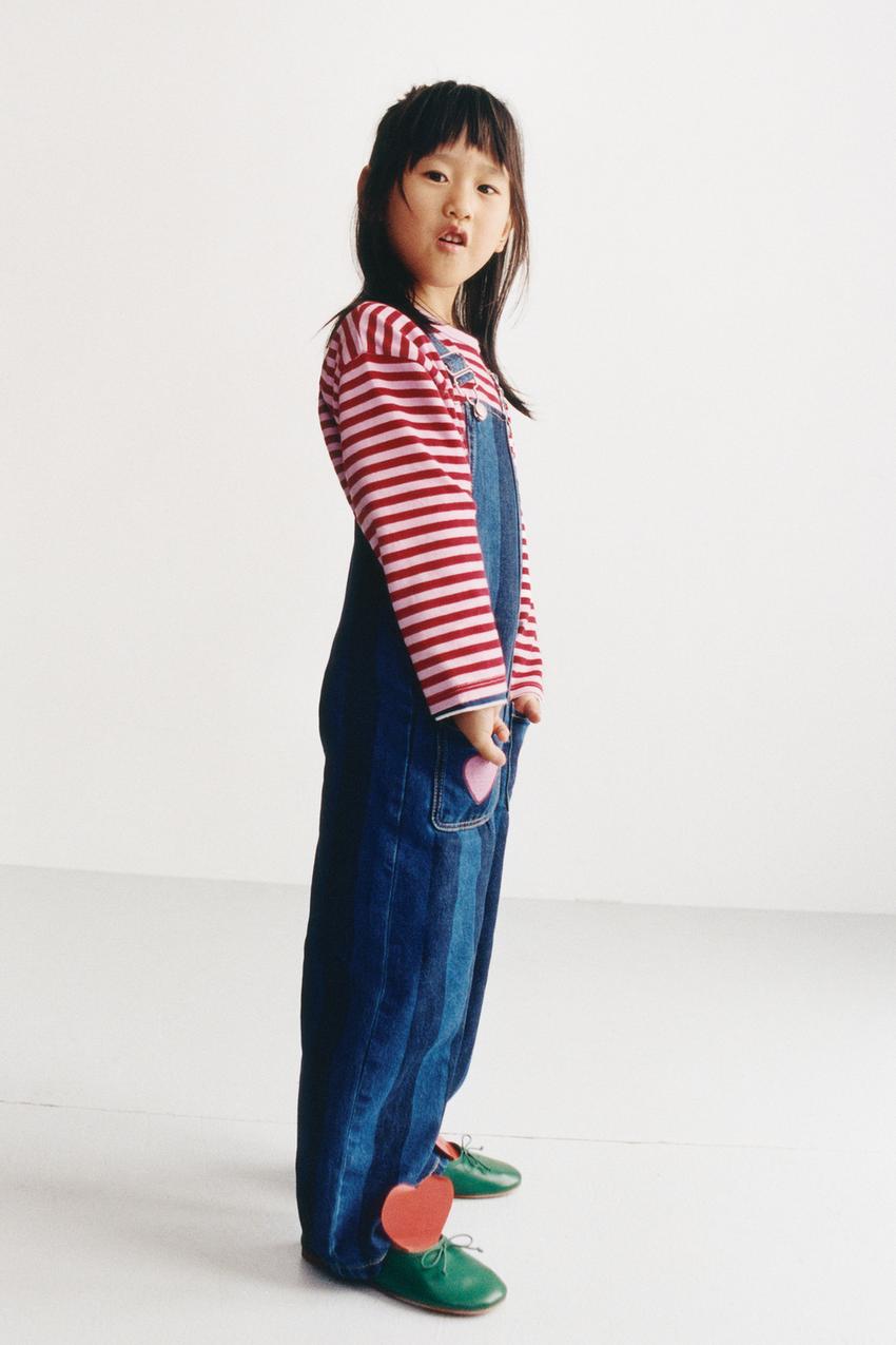 ZARA STRIPED HEART DENIM OVERALLS — photo 1