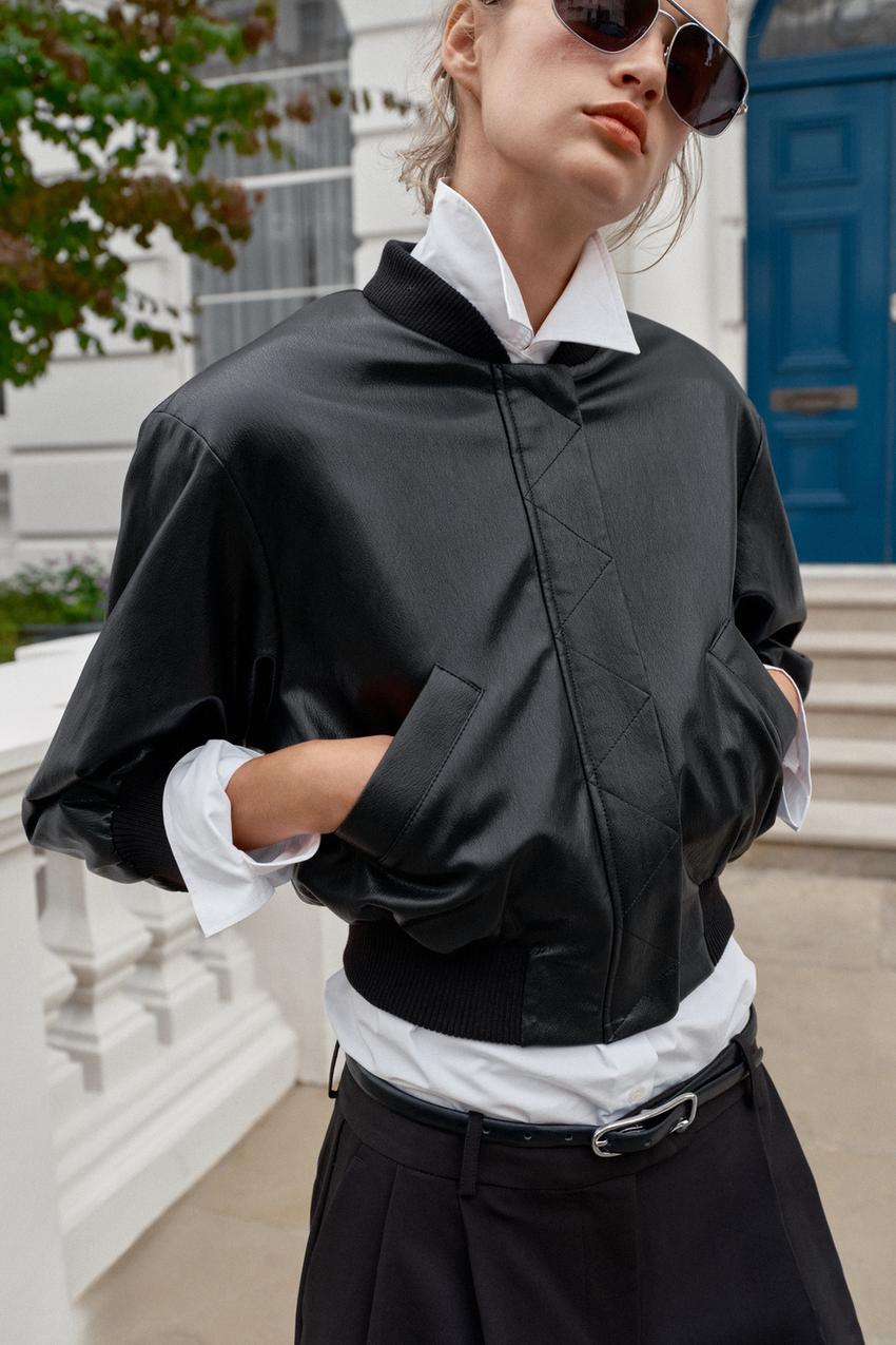 ZARA FAUX LEATHER SHOULDER PAD BOMBER JACKET — photo 2