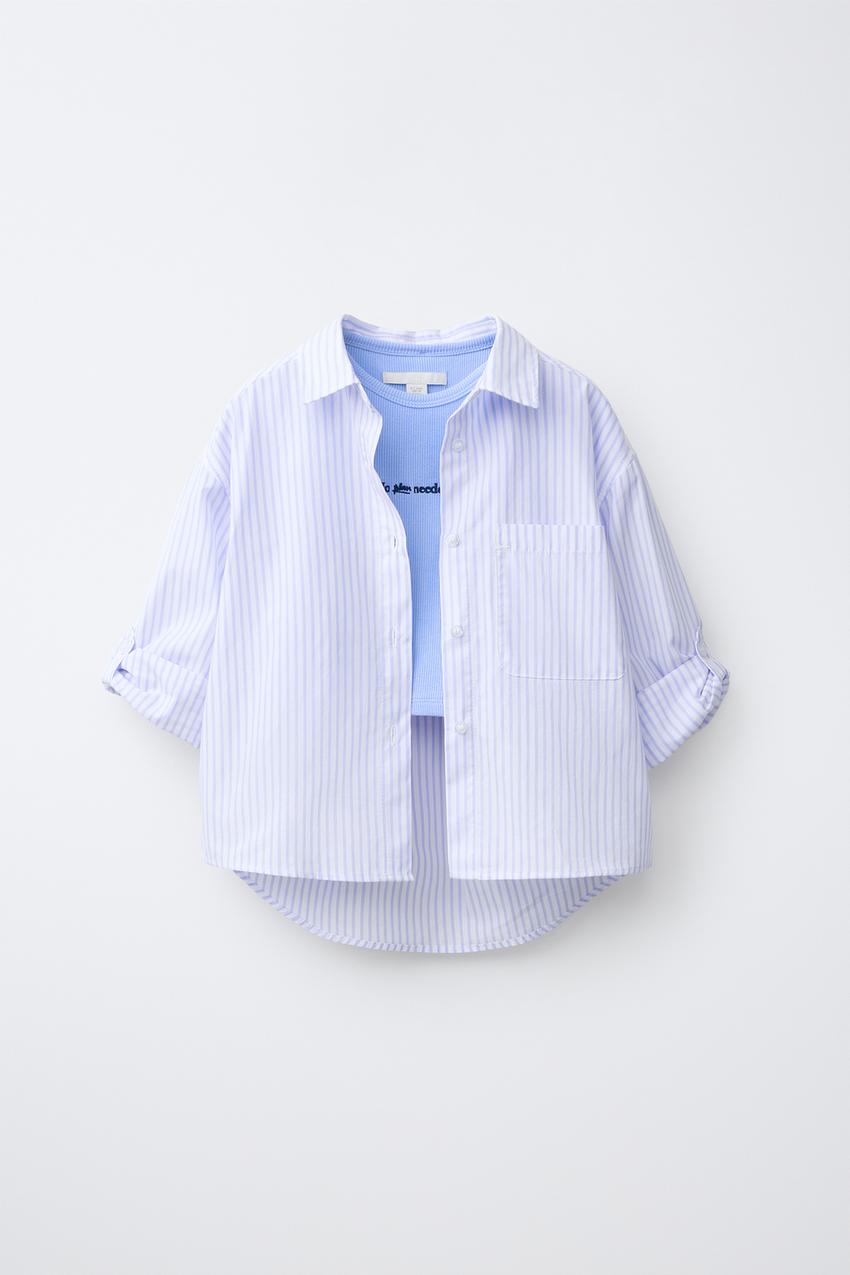 ZARA STRIPED SHIRT AND EMBROIDERED RIB T-SHIRT SET — photo 1
