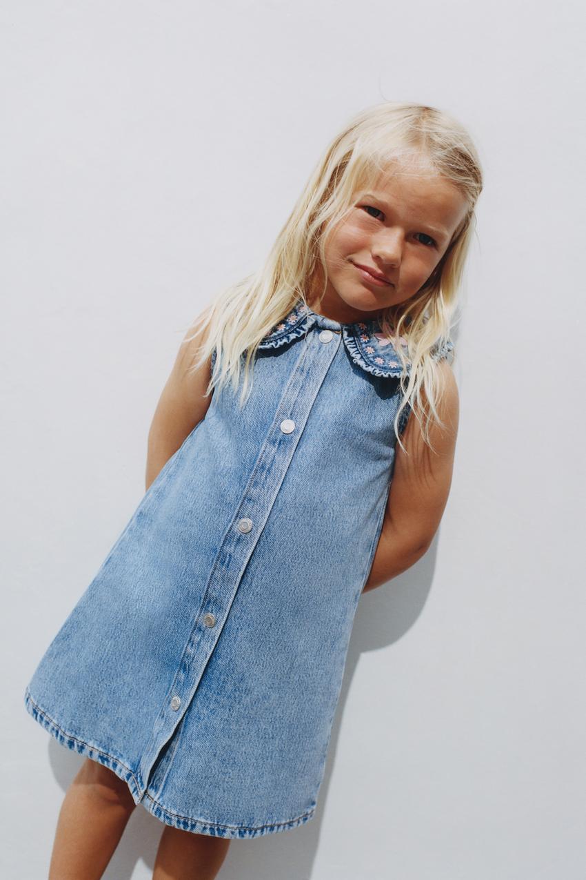 ZARA EMBROIDERED COLLAR DENIM DRESS — photo 1