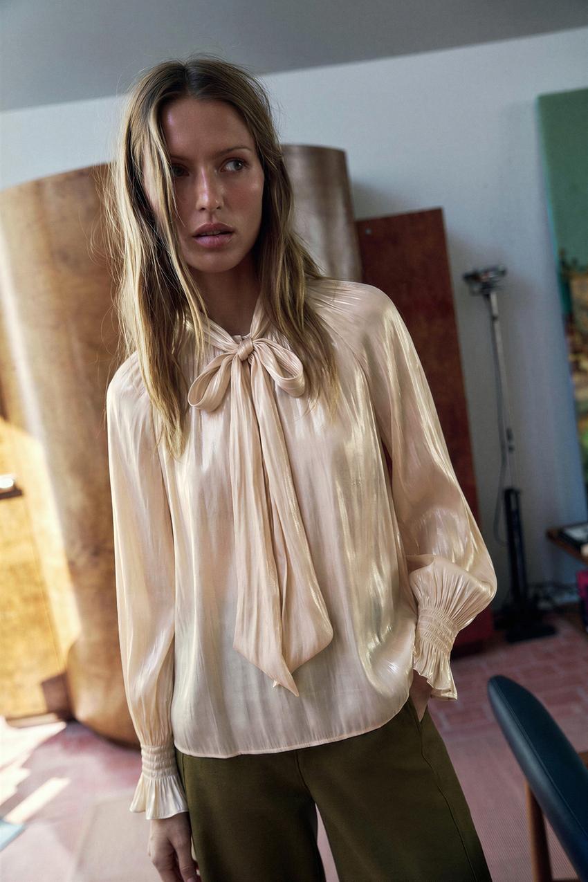 ZARA SATIN TIE BLOUSE — photo 1