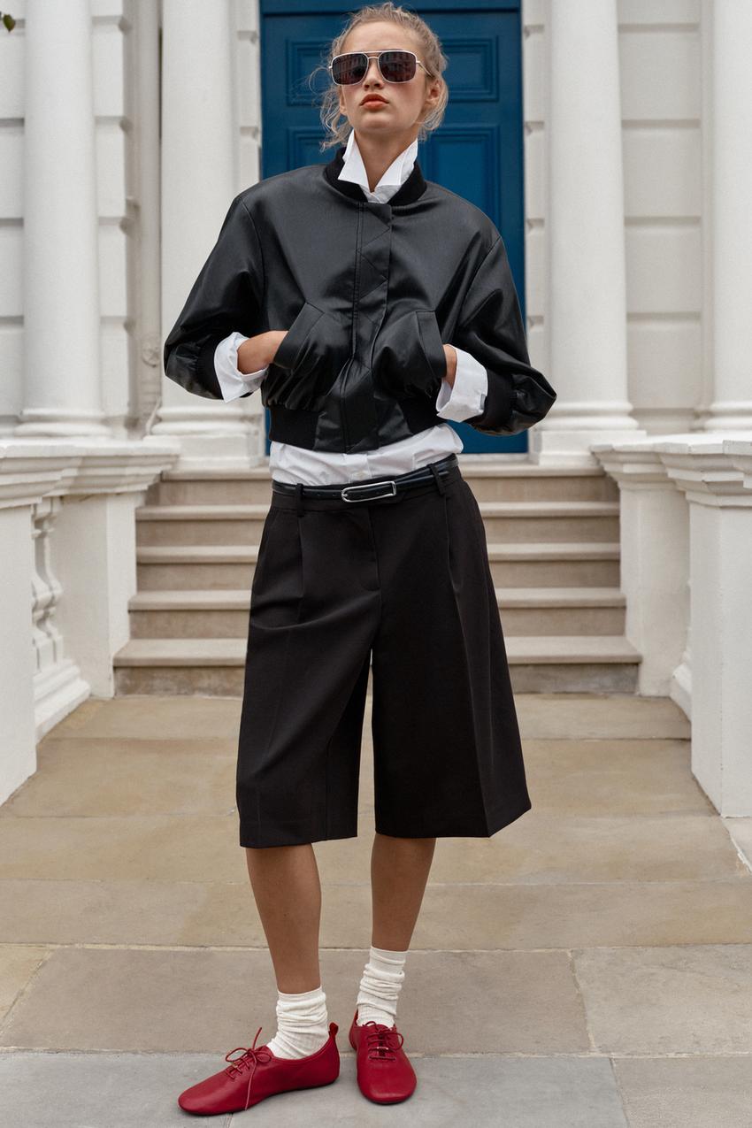 ZARA FAUX LEATHER SHOULDER PAD BOMBER JACKET — photo 1