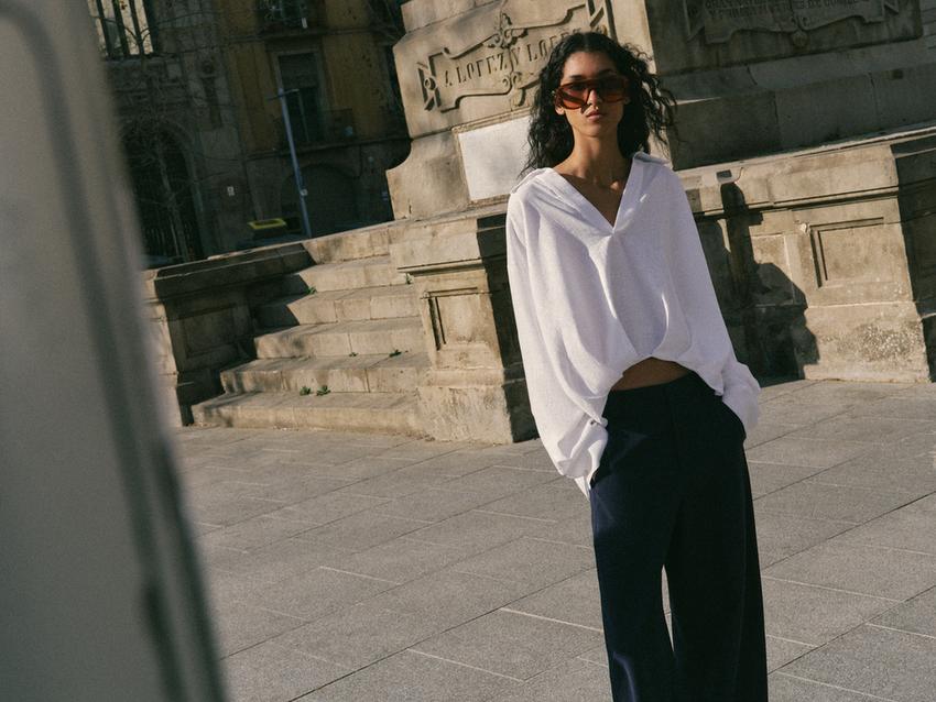 ZARA LINEN BLEND SHIRT WITH PUFFED HEM — photo 1