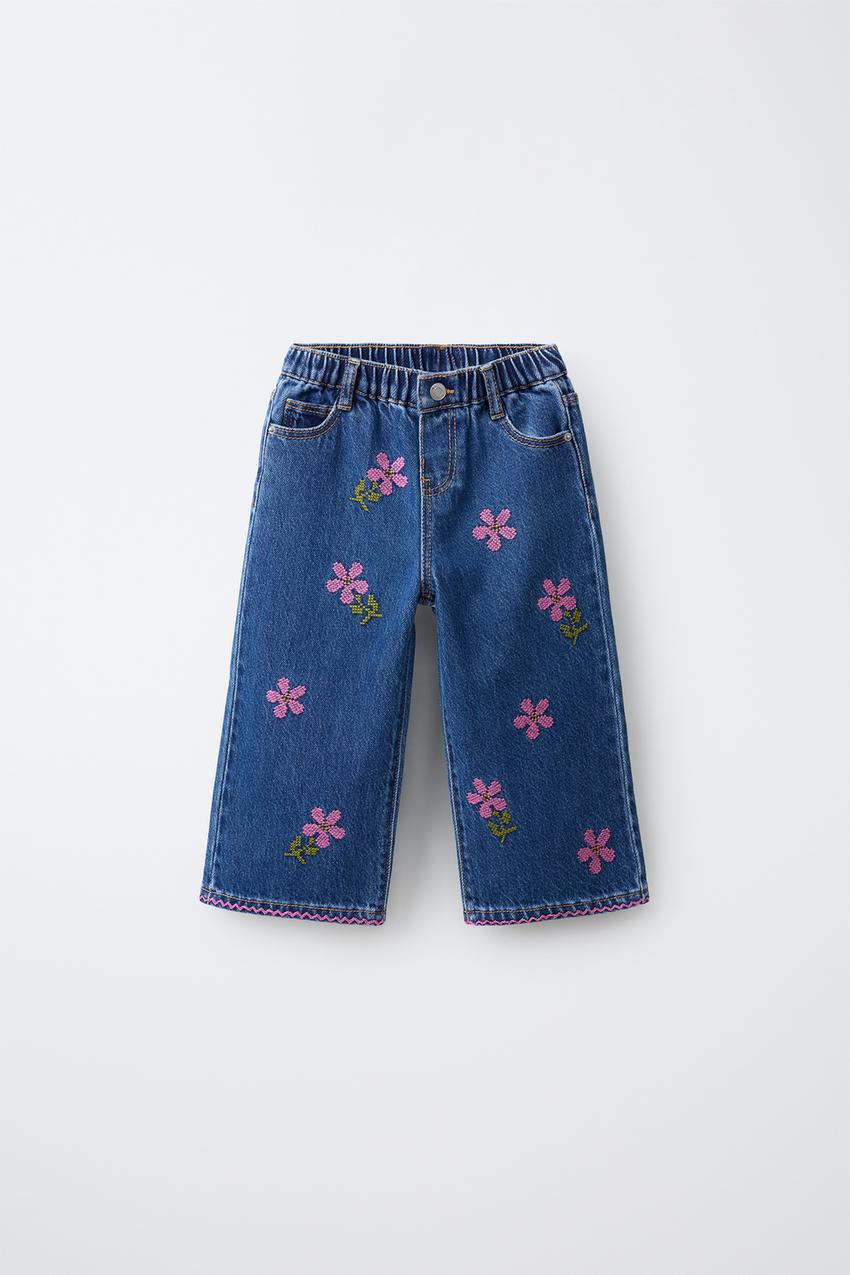 ZARA EMBROIDERED FLORAL CULOTTE JEANS — photo 1