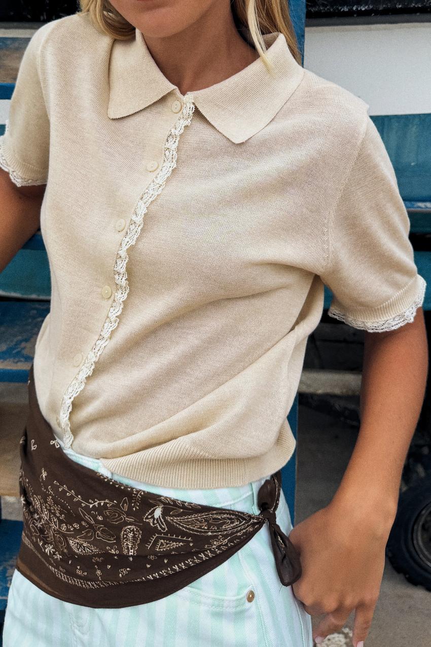 ZARA SHORT-SLEEVE LACE-TRIM CARDIGAN — photo 1