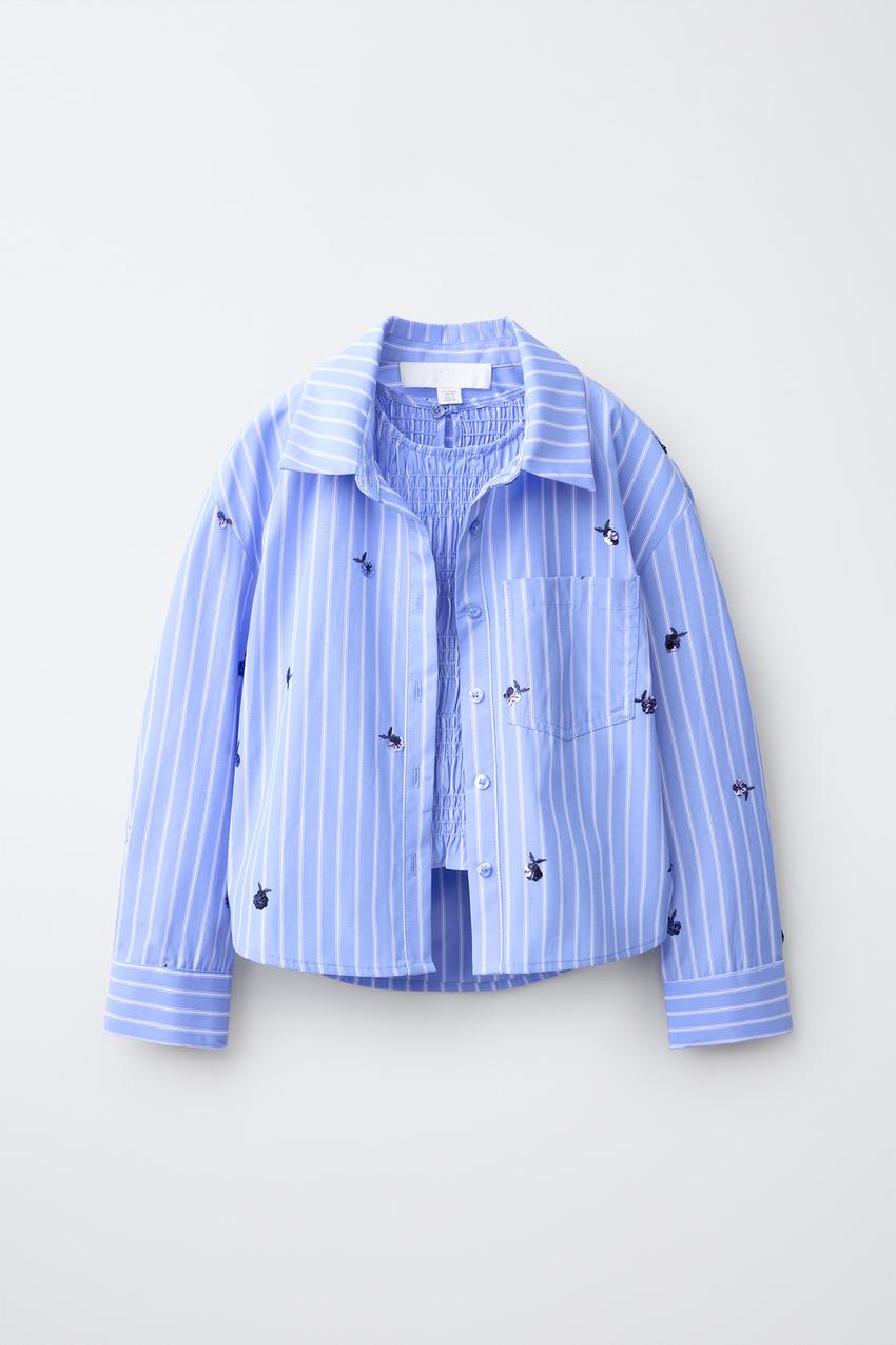 ZARA STRIPED SHIRT AND GATHERED TOP SET WITH SEQUIN APPLIQUÉ — photo 1